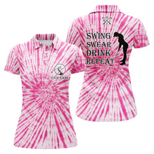 Load image into Gallery viewer, Funny Womens golf polos shirts custom name swing swear drink repeat pink tie dye pattern golf shirts NQS5576