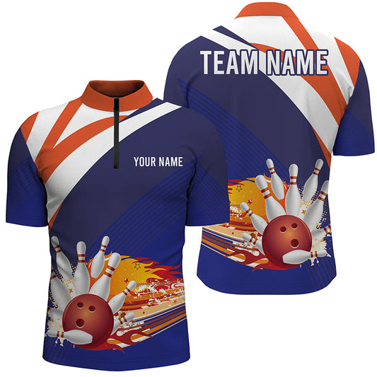 Custom Blue orange bowling shirt for men – personalized team jersey front view