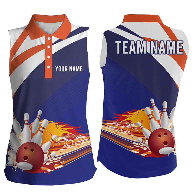 Custom Blue orange sleeveless bowling shirt for women – personalized team jersey front view