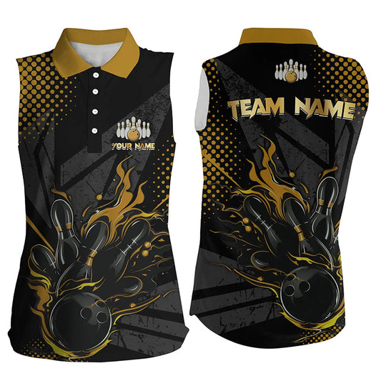 Personalized Black and Gold Bowling Sleeveless Polo Shirts For Women, Custom bowling Team Jerseys NQS8358