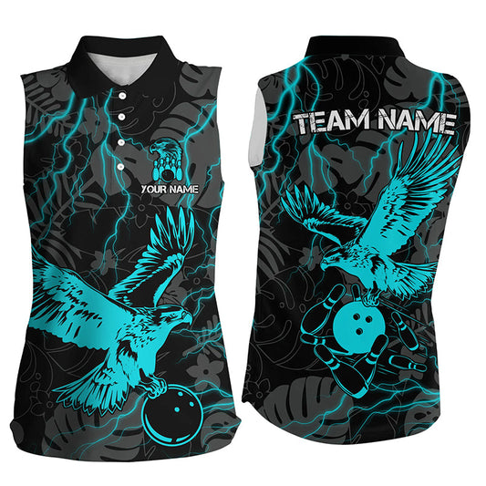 Black tropical Cyan Blue Eagle Bowling Sleeveless Polo Shirts For Women, cool bowling team jerseys NQS8360