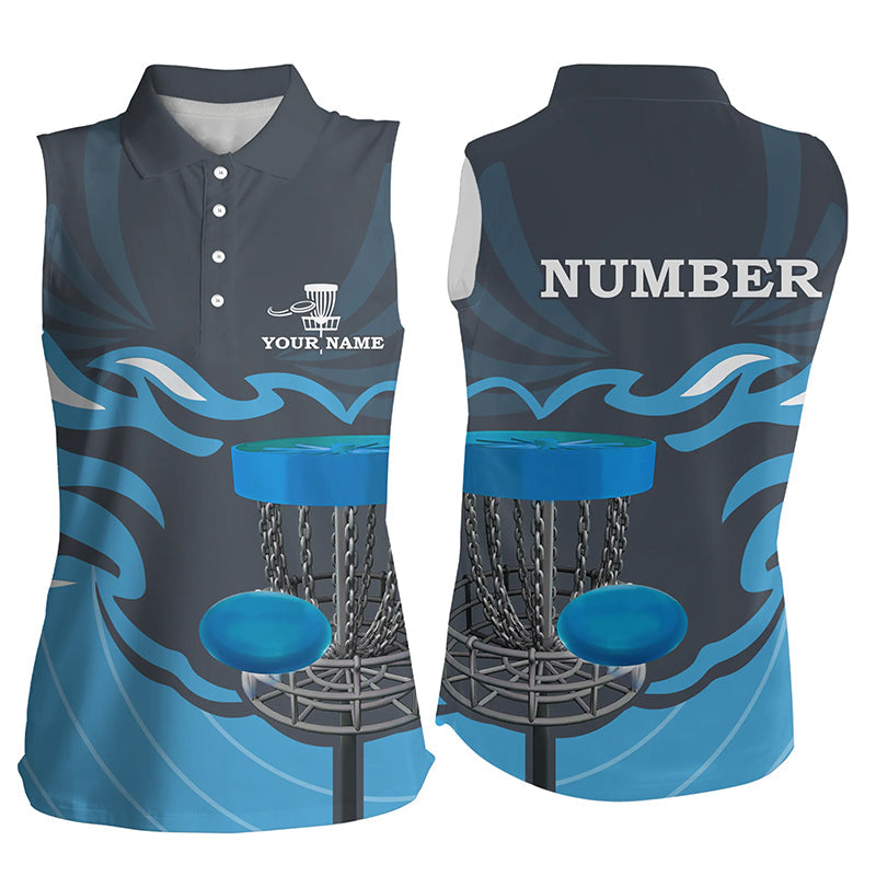 Retro disc golf sleeveless polo shirt custom name and number team disc golf jerseys | Blue NQS8810