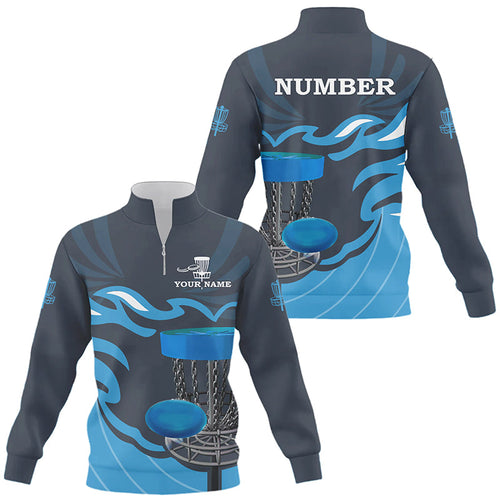 Retro disc golf Quarter zip sweatshirt custom name and number team disc golf sweater jerseys | Blue NQS8810