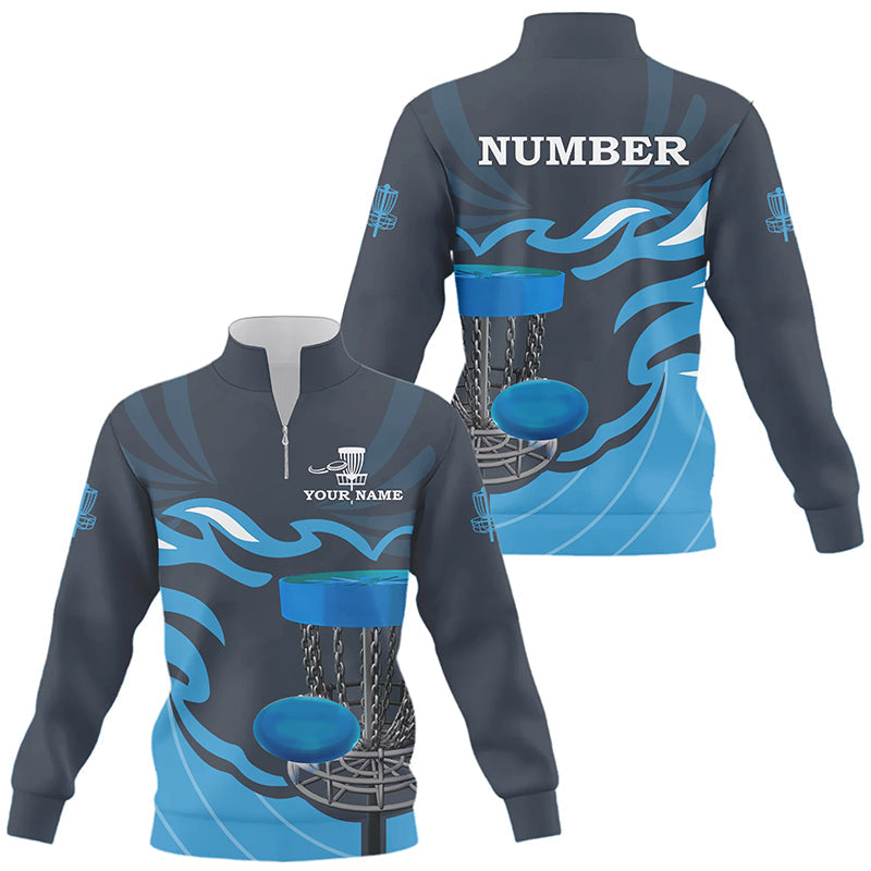 Retro disc golf Quarter zip sweatshirt custom name and number team disc golf sweater jerseys | Blue NQS8810