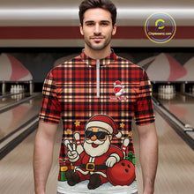 Load image into Gallery viewer, Funny Santa Christmas Bowling Polo, Quarter Zip shirts for men Custom Red Plaid bowling jerseys men NQS10957