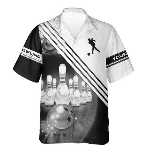 Custom hawaiian bowling shirts bowling ball and pins team shirt, button up bowling shirts | White NQS4452