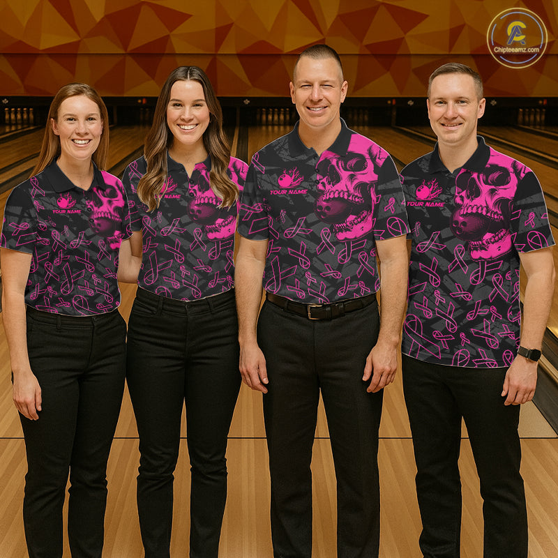 Black Skull camo pink ribbons pattern breast cancer bowling shirt for men custom bowling team jerseys NQS11549