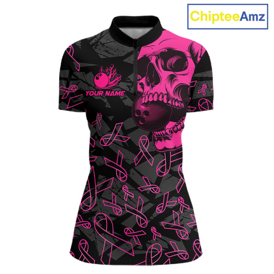 Black Skull camo pink ribbon pattern breast cancer bowling shirt for Women custom bowling team jersey NQS11549