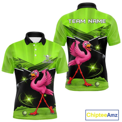 Funny Flamingo Green Golf Polo Shirts For Men Custom Flamingo Team mens golf tops, funny golf gifts NQS11675
