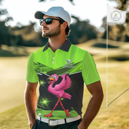 Funny Flamingo Green Golf Polo Shirts For Men Custom Flamingo Team mens golf tops, funny golf gifts NQS11675