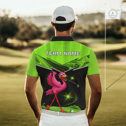 Funny Flamingo Green Golf Polo Shirts For Men Custom Flamingo Team mens golf tops, funny golf gifts NQS11675