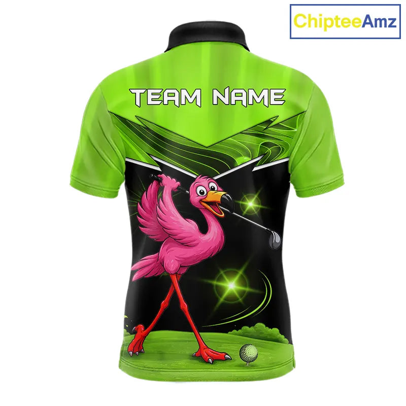 Funny Flamingo Green Golf Polo Shirts For Men Custom Flamingo Team mens golf tops, funny golf gifts NQS11675