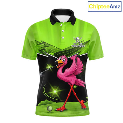 Funny Flamingo Green Golf Polo Shirts For Men Custom Flamingo Team mens golf tops, funny golf gifts NQS11675