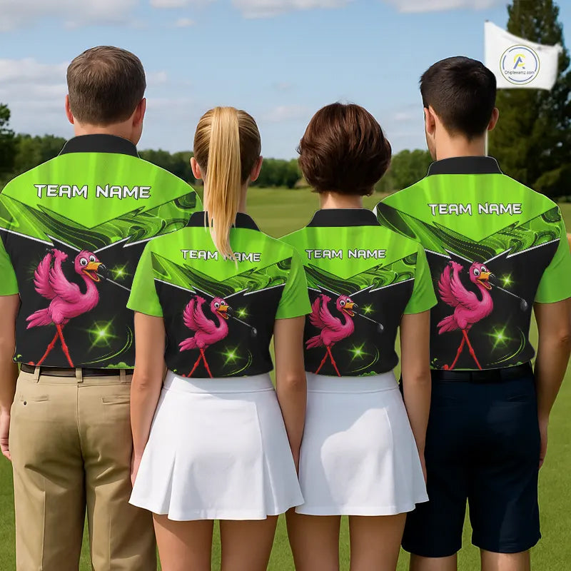Funny Flamingo Green Golf Polo Shirts For Men Custom Flamingo Team mens golf tops, funny golf gifts NQS11675