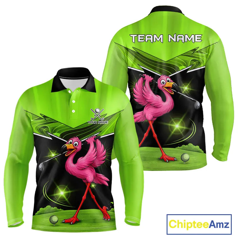 Funny Flamingo Green Golf Polo Shirts For Men Custom Flamingo Team mens golf tops, funny golf gifts NQS11675