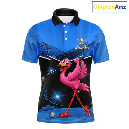 Funny Flamingo Blue Golf Polo Shirts For Men Custom Flamingo Team mens golf tops, funny golf gifts NQS11676
