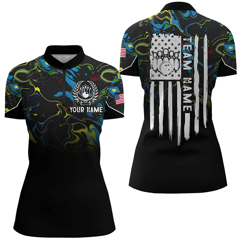 Colorful camo Women bowling Quarter Zip shirt Custom American flag patriotic bowling team jerseys NQS7368