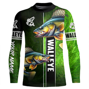 Walleye Fishing green camo Customize Name Long Sleeve Fishing Shirts, fishing gift for men, women, kid NQS1726