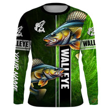 Load image into Gallery viewer, Walleye Fishing green camo Customize Name Long Sleeve Fishing Shirts, fishing gift for men, women, kid NQS1726