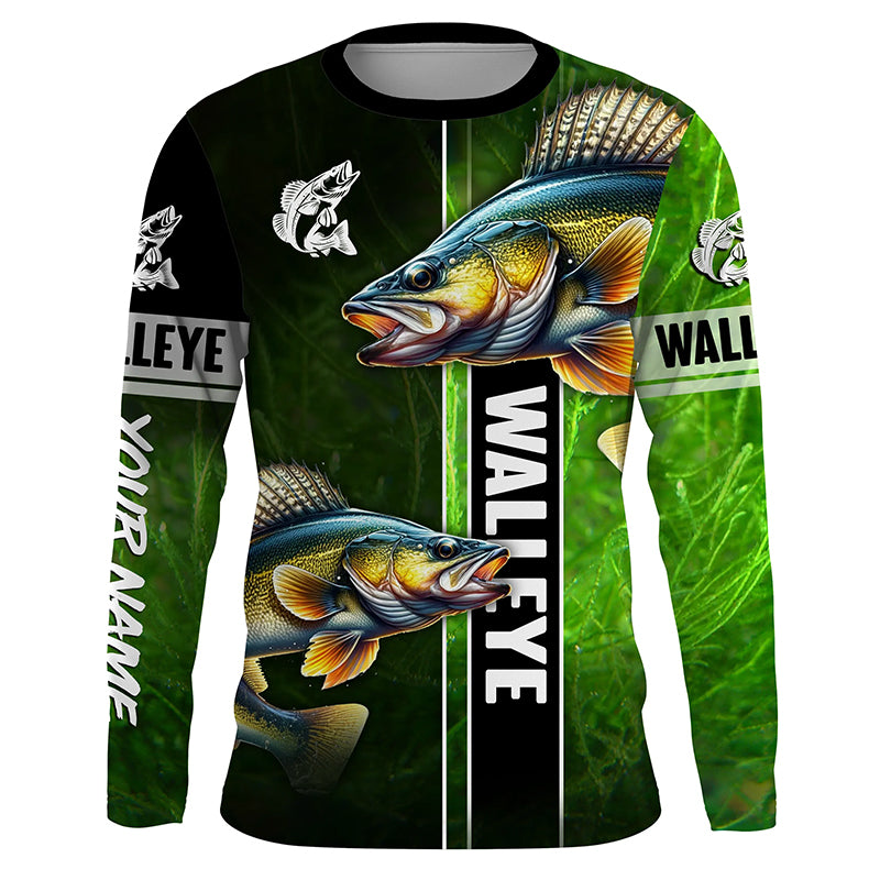 Walleye Fishing green camo Customize Name Long Sleeve Fishing Shirts, fishing gift for men, women, kid NQS1726