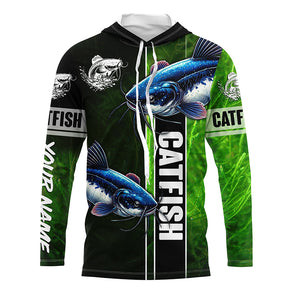 Catfish Fishing green Customize Name Long Sleeve Fishing Shirts, fishing gifts for men, women, kid NQS1728