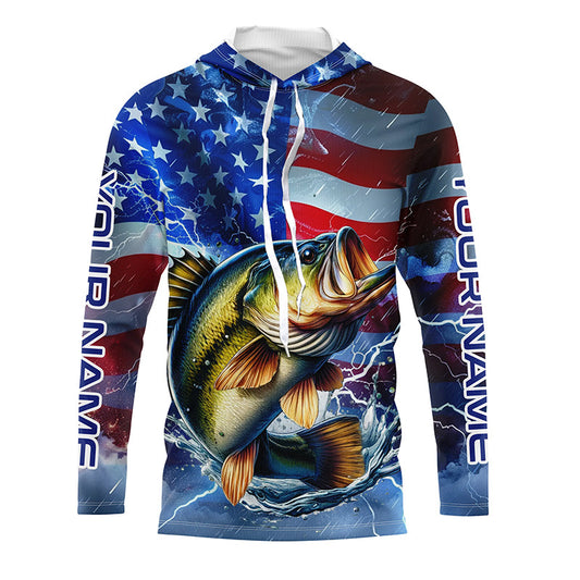 Largemouth Bass fishing American flag Long Sleeve Fishing Shirt custom Lightning Bass fishing jersey NQS7702