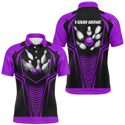 Men Bowling Polo, Quarter Zip Shirts custom Purple and black Bowling Ball and Pins bowling jerseys NQS8136