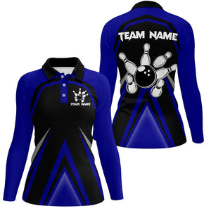 Black and Blue Retro Bowling Polo, Quarter Zip Shirts For Women Custom Team Bowling Jerseys, bowl gift NQS8367