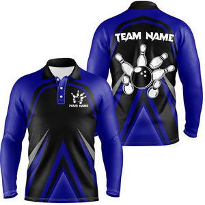 Black and Blue Retro Bowling Polo, Quarter Zip Shirts For Men Custom Team Bowling Jerseys, bowl gifts NQS8367