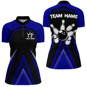 Black and Blue Retro Bowling Polo, Quarter Zip Shirts For Women Custom Team Bowling Jerseys, bowl gift NQS8367