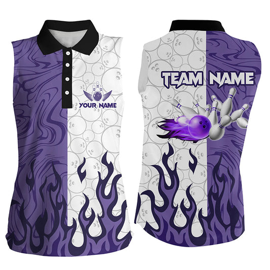 White Camo Bowling Purple Flame Women Bowling sleeveless polo Shirt Custom Bowling Team League Jerseys NQS8571