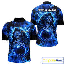 Load image into Gallery viewer, Blue Flame Skull Bowling Polo, 1/4 Zip Shirts For Men Custom Bowling Reaper Team Bowling jersey NQS11348