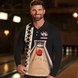 Personalized Red, white and black Retro bowling Polo, Quarter Zip shirt for Men, Bowling Team Jersey NQS9460