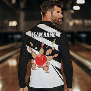 Personalized Red, white and black Retro bowling Polo, Quarter Zip shirt for Men, Bowling Team Jersey NQS9460