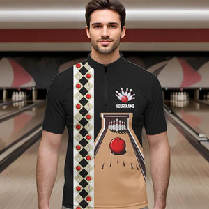 Personalized Red, white and black Retro bowling Polo, Quarter Zip shirt for Men, Bowling Team Jersey NQS9460