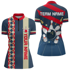 Personalized Red, white and blue Retro bowling Polo, Quarter Zip shirt for women, Bowling Team Jersey NQS9461