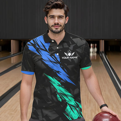 Personalized Black, Blue and Turquoise Camo Bowling Shirt For Men Custom Team Name Bowling Jerseys NQS9786