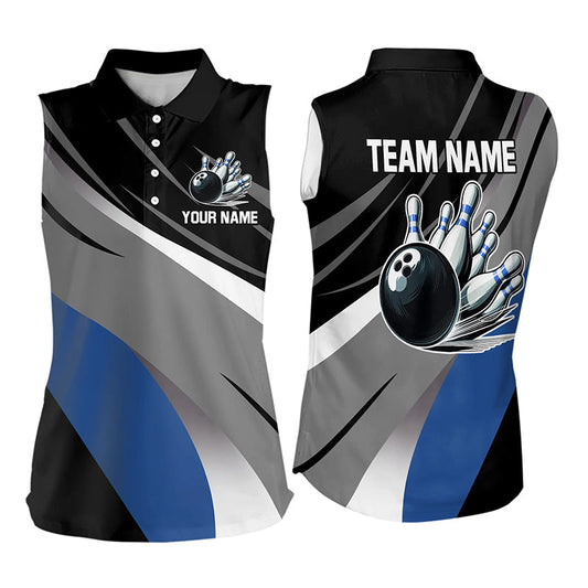 Personalized Black, Gray and Blue Women Sleeveless Polo Shirt Bowling Ball And Pins Bowling Team Shirt NQS9784