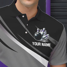 Load image into Gallery viewer, Personalized Black, Gray and Purple Bowling Shirts For Men, Bowling Balls And Pins Bowling Team Shirts NQS9785