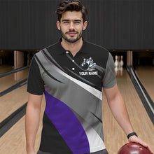 Load image into Gallery viewer, Personalized Black, Gray and Purple Bowling Shirts For Men, Bowling Balls And Pins Bowling Team Shirts NQS9785