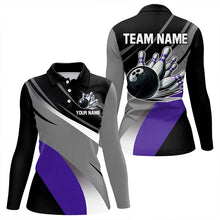 Load image into Gallery viewer, Personalized Black, Gray and Purple Bowling Shirt For Women, Bowling Ball And Pins Bowling Team Shirts NQS9785