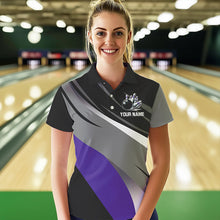 Load image into Gallery viewer, Personalized Black, Gray and Purple Bowling Shirt For Women, Bowling Ball And Pins Bowling Team Shirts NQS9785