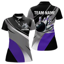 Load image into Gallery viewer, Personalized Black, Gray and Purple Bowling Shirt For Women, Bowling Ball And Pins Bowling Team Shirts NQS9785