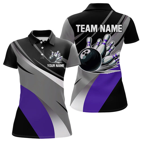 Personalized Black, Gray and Purple Bowling Shirt For Women, Bowling Ball And Pins Bowling Team Shirts NQS9785