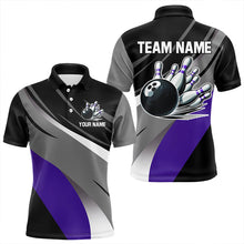 Load image into Gallery viewer, Personalized Black, Gray and Purple Bowling Shirts For Men, Bowling Balls And Pins Bowling Team Shirts NQS9785