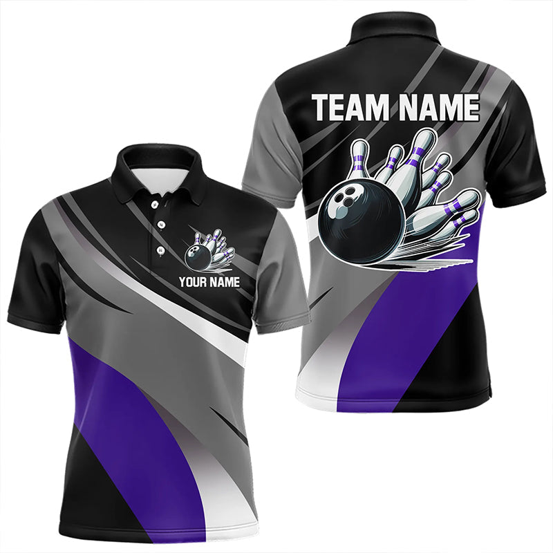 Personalized Black, Gray and Purple Bowling Shirts For Men, Bowling Balls And Pins Bowling Team Shirts NQS9785
