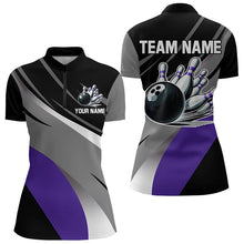 Load image into Gallery viewer, Personalized Black, Gray and Purple Bowling Shirt For Women, Bowling Ball And Pins Bowling Team Shirts NQS9785