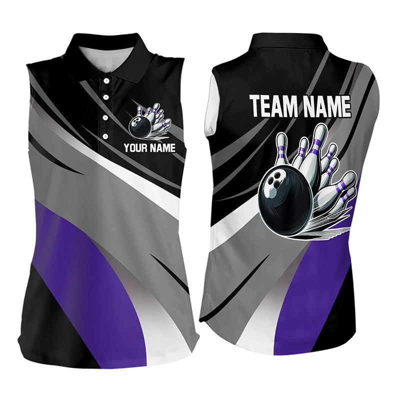 Personalized Black, Gray and Purple Women Sleeveless Polo Shirt Bowling Ball Pins Bowling Team Shirt NQS9785