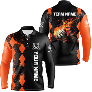 Black Mens golf polo shirts custom orange argyle pattern flame golf ball golf tops for mens NQS7556