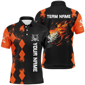 Black Mens golf polo shirts custom orange argyle pattern flame golf ball golf tops for mens NQS7556